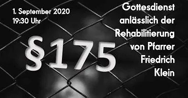 Ankündigung für einen Gottesdienst anlässlich der Rehabilitierung von Pfarrer Friedrich Klein bezüglich Paragraph 175.
